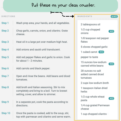 Graphic indicating to put ingredients on a clean counter.